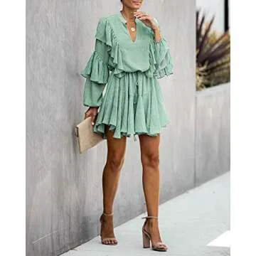 MITILLY Women's Elegant Long Sleeve Dresses V Neck High Waist Ruffle Loose Flowy Party Mini Dress with Belt Small Green