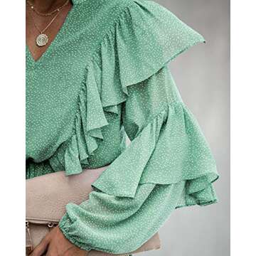 MITILLY Women's Elegant Long Sleeve Dresses V Neck High Waist Ruffle Loose Flowy Party Mini Dress with Belt Small Green