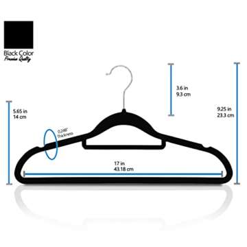 GVTECH Premium Velvet Hangers, [50 Pack] Non Slip and Heavy Duty Velvet Suit Hangers (45cm) with Tie Bar, 360° Swivel Hooks, Sturdy to Hold Jumper, Pullovers, Jackets & Hoodies (50 Pack, Black)