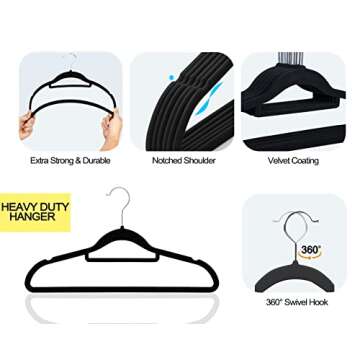 GVTECH Premium Velvet Hangers, [50 Pack] Non Slip and Heavy Duty Velvet Suit Hangers (45cm) with Tie Bar, 360° Swivel Hooks, Sturdy to Hold Jumper, Pullovers, Jackets & Hoodies (50 Pack, Black)