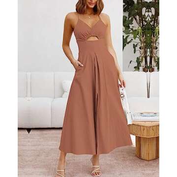 BTFBM Women 2024 Summer Spaghetti Strap Dress Sleeveless V Neck Cutout Slit Casual Beach Party Maxi Dresses with Pockets(Solid Light Brown, X-Large)