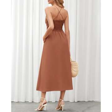 BTFBM Women 2024 Summer Spaghetti Strap Dress Sleeveless V Neck Cutout Slit Casual Beach Party Maxi Dresses with Pockets(Solid Light Brown, X-Large)