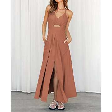 BTFBM Women 2024 Summer Spaghetti Strap Dress Sleeveless V Neck Cutout Slit Casual Beach Party Maxi Dresses with Pockets(Solid Light Brown, X-Large)