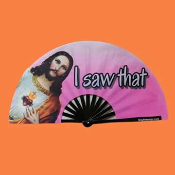 PandaTak Gay Pride Large Folding Fans, 13'' Bamboo Fan with UV Reactive Ink, for LGBTQ Circuit Parties & Raves (Jesus - I Saw That|)
