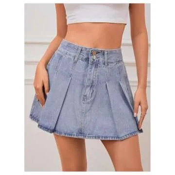 Milumia Women's Pleated Denim Skirt Trendy High Waisted Mini Jean Skater Skirts Light Wash Blue X-Small