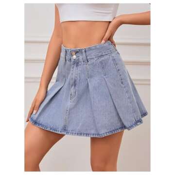 Milumia Women's Pleated Denim Skirt Trendy High Waisted Mini Jean Skater Skirts Light Wash Blue X-Small