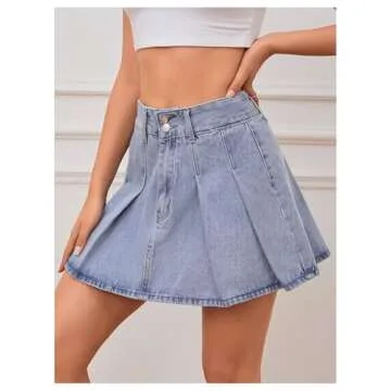 Milumia Women's Pleated Denim Skirt Trendy High Waisted Mini Jean Skater Skirts Light Wash Blue X-Small