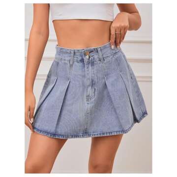Milumia Women's Pleated Denim Skirt Trendy High Waisted Mini Jean Skater Skirts Light Wash Blue X-Small