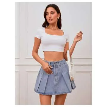 Milumia Women's Pleated Denim Skirt Trendy High Waisted Mini Jean Skater Skirts Light Wash Blue X-Small