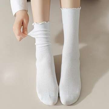 COZYOFFI Cute Ruffle Socks for Women - 5 Pairs in White