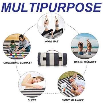 Picnic Blanket Extra Large 57.1"x78.7" Waterproof & Sandproof Beach Picnic Mat, Machine Washable Folding Camping Rug with Carry Strap for Park, Outdoor Concerts, Hiking, Travel (Wide Stripe)