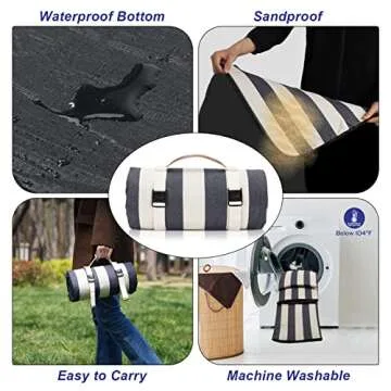Picnic Blanket Extra Large 57.1"x78.7" Waterproof & Sandproof Beach Picnic Mat, Machine Washable Folding Camping Rug with Carry Strap for Park, Outdoor Concerts, Hiking, Travel (Wide Stripe)