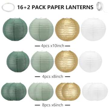 Sage Green Paper Lanterns,16Pack Gold Green White Party Decorations with Tape and String,Hanging Lan...