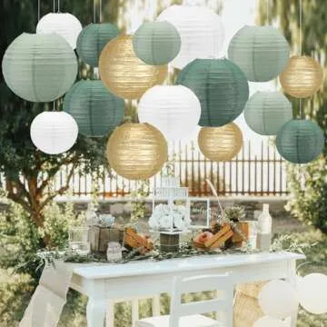 Sage Green Paper Lanterns,16Pack Gold Green White Party Decorations with Tape and String,Hanging Lantern for Bridal Shower Decor,Graduation,Wedding,Tropical,Birthday Party Supplies(Sage Green)