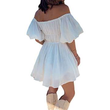 Women Sexy Off Shoulder Mini Dress Casual Square Neck Short Puff Sleeve White Mini Dresses Night Clu...