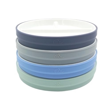 Elk and Friends Kids 7.8” Porcelain White Plates with Silicone Sleeves | Divided Plates | Suitable...