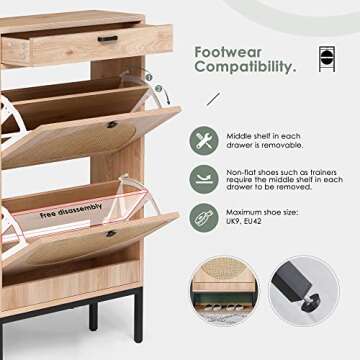 Yechen Shoe Rack Storage Organizer with 2 Natural Semi-Circular Rattan Doors, Entryway Wooden Shoe Cabinet for Sneakers, Leather Shoes, High Heels, Slippers (2 Piece, Oak)