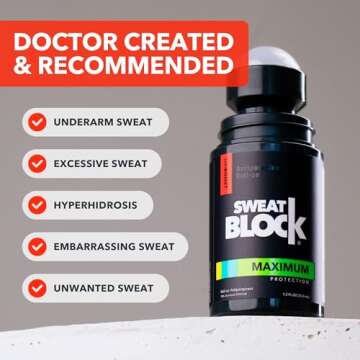 SweatBlock Antiperspirant Roll On | Maximum Clinical Strength Antiperspirant for Women & Men perfect for Hyperhidrosis, Excessive Sweat, & Odor | Block Sweat for Days Per Use | 1.2 FL OZ