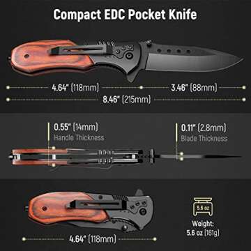 KEXMO Pocket Knife for Men - 3.46" Sharp Blade Wood Handle Pocket Folding Knives with Clip, Glass Br...