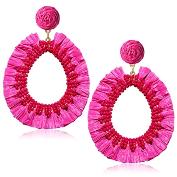 Beaded Dangle Earrings Raffia Earrings for Women Boho Statement Teardrop Beaded Tassel Earrings Hand...