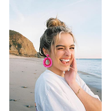 Beaded Dangle Earrings Raffia Earrings for Women Boho Statement Teardrop Beaded Tassel Earrings Handmade Geometric Earring Summer Beach Jewelry Gifts (Rose Red)