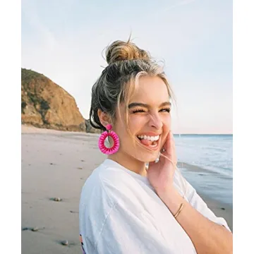 Beaded Dangle Earrings Raffia Earrings for Women Boho Statement Teardrop Beaded Tassel Earrings Handmade Geometric Earring Summer Beach Jewelry Gifts (Rose Red)