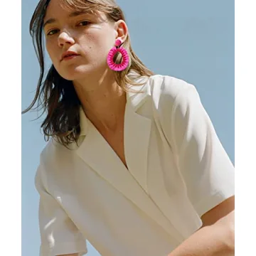 Beaded Dangle Earrings Raffia Earrings for Women Boho Statement Teardrop Beaded Tassel Earrings Handmade Geometric Earring Summer Beach Jewelry Gifts (Rose Red)