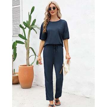 JiniGolla Waffle Knit Lounge Set 2 Piece Matching Pj Set with Pockets Short Sleeve Pajama Set Navy Blue XL