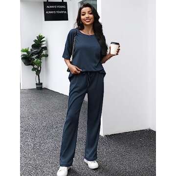 JiniGolla Waffle Knit Lounge Set 2 Piece Matching Pj Set with Pockets Short Sleeve Pajama Set Navy Blue XL