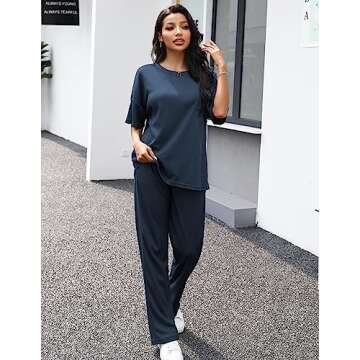 JiniGolla Waffle Knit Lounge Set 2 Piece Matching Pj Set with Pockets Short Sleeve Pajama Set Navy Blue XL