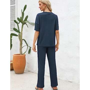 JiniGolla Waffle Knit Lounge Set 2 Piece Matching Pj Set with Pockets Short Sleeve Pajama Set Navy Blue XL