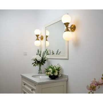 Pathson Milk White Glass Wall Sconces Lighting, 2 Lights Industrial Wall Vanity Light Fixtures Brass Finish, Vintage Wall Sconce Lamp for Bathroom Living Room Bedroom