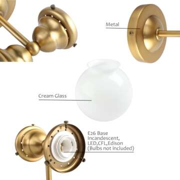 Pathson Milk White Glass Wall Sconces Lighting, 2 Lights Industrial Wall Vanity Light Fixtures Brass Finish, Vintage Wall Sconce Lamp for Bathroom Living Room Bedroom