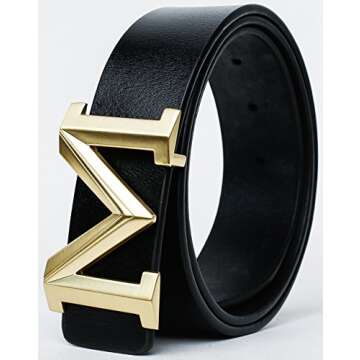 Men's Big Gold M Buckle 38-mm Imported Italian Leather Belt (105cm/41.3inch(34-36), Black 1)