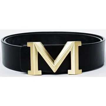 Men's Big Gold M Buckle 38-mm Imported Italian Leather Belt (105cm/41.3inch(34-36), Black 1)