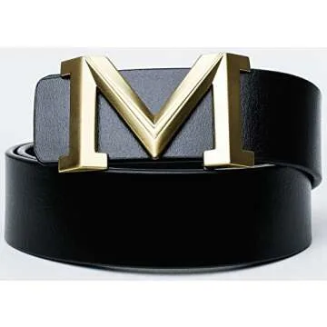 Men's Big Gold M Buckle 38-mm Imported Italian Leather Belt (105cm/41.3inch(34-36), Black 1)