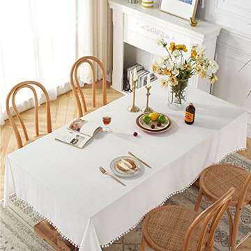 Fhberni Farmhouse Cotton Tablecloth - Elegant Pompom Design for All Occasions