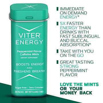 Viter Energy 40mg Caffeine Mints - Sugar Free, B Vitamins, Vegan, Boosts Fast Energized Alert Focus, Caffeinated Nootropic Supplement Pills (Peppermint Flavor, 20pcs, 6 Pack, 120pcs Total)