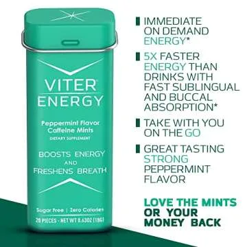 Viter Energy 40mg Caffeine Mints - Sugar Free, B Vitamins, Vegan, Boosts Fast Energized Alert Focus, Caffeinated Nootropic Supplement Pills (Peppermint Flavor, 20pcs, 6 Pack, 120pcs Total)