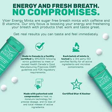 Viter Energy 40mg Caffeine Mints - Sugar Free, B Vitamins, Vegan, Boosts Fast Energized Alert Focus, Caffeinated Nootropic Supplement Pills (Peppermint Flavor, 20pcs, 6 Pack, 120pcs Total)