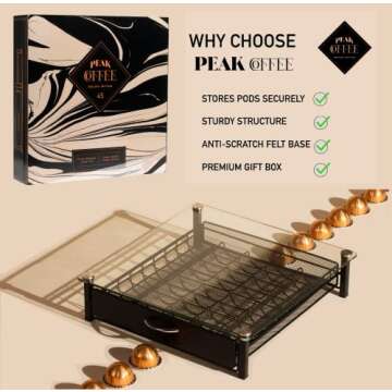 Nespresso Vertuo Capsules Holder - Drawer Tray for 45 Vertuoline & Bartesian Capsules - Tempered Glass - Capsule Storage - Designed for Nespresso Accessories - Pods Organizer - Peak Coffee