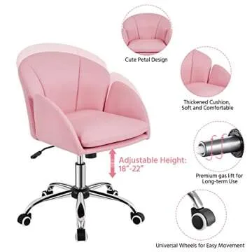 Yaheetech Cute Petal Desk Chair Home Office Chair Swivel Upholstered Leather Desk Chair Makeup Vanity Chair with Armrests for Bedroom Modern Computer Rolling Chair for Women Simple Pink