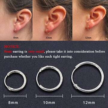 EPIRORA Sterling Silver Hoop Earrings for Women Men, Hypoallergenic Cartilage Earring Endless Small Hoop Earrings Set, 3 Pairs of 925 Sterling Silver Tragus Earrings Nose Lip Rings (8mmx3)