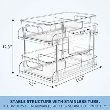 DOMNIU 2 Tier Clear Organizer with Dividers, Pantry Organization and Storage Multi Purpose Slide-Out Bathroom Organizer, Kitchen Pantry Medicine Cabniet Bins, Under Sink Organizer with Hanging Cup