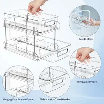 DOMNIU 2 Tier Clear Organizer with Dividers, Pantry Organization and Storage Multi Purpose Slide-Out Bathroom Organizer, Kitchen Pantry Medicine Cabniet Bins, Under Sink Organizer with Hanging Cup