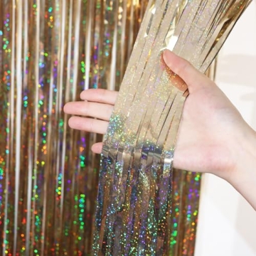 Voircoloria 3 Pack 3.3 x 6.6 ft Champagne Foil Fringe Backdrop, Tinsel Streamers Party Decorations, ...