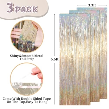 Voircoloria 3 Pack Champagne Foil Fringe Backdrop Decorations