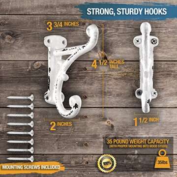 Rustic Cast Iron Coat Hooks (3 Pack) Wall Mounted Farmhouse Decorative Wall Hooks, Vintage Hooks for Hanging Coats, Bags, Hats, Towels (Rustic Antique White Patina, Includes Hardware)