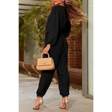 PRETTYGARDEN Women's Fall Jumpsuits Casual Dressy One Piece Outfits V Neck Long Sleeve Belt Pockets Long Pants Romper (Black,Medium)