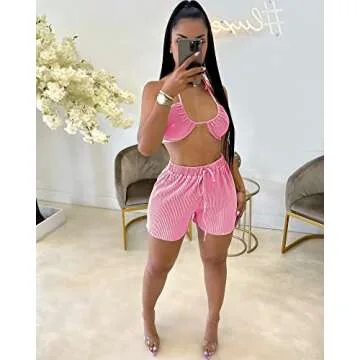 QZOOK Two Piece Summer Outfits for Women Vacation Loose Ruffle Long Sleeve Cardigan Pleated Shorts with Bra 3 Piece Lounge Y2K Pink Red L